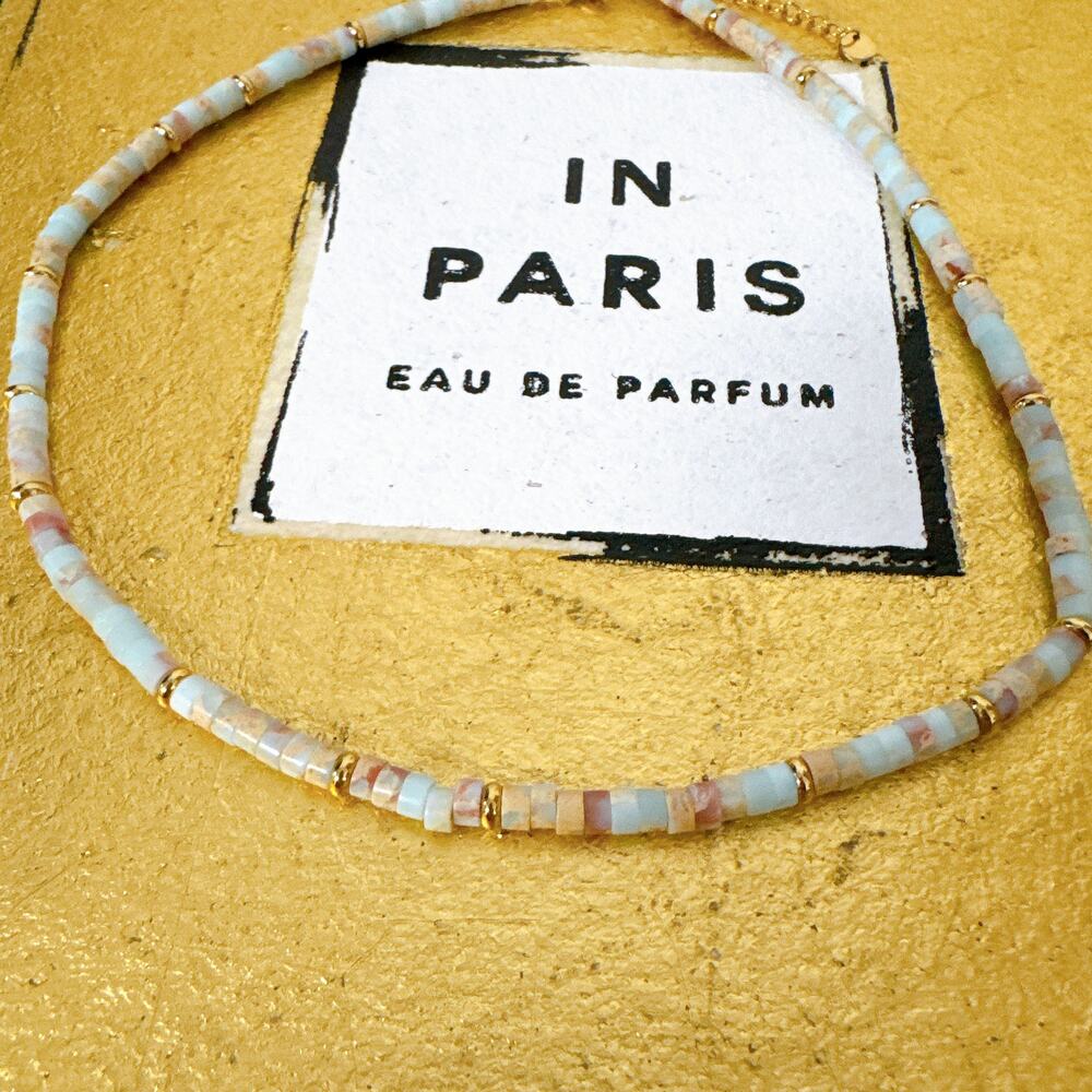 Light Blue Pink Gold Natural Stone Beaded Choker, Bohemian Dainty Necklace